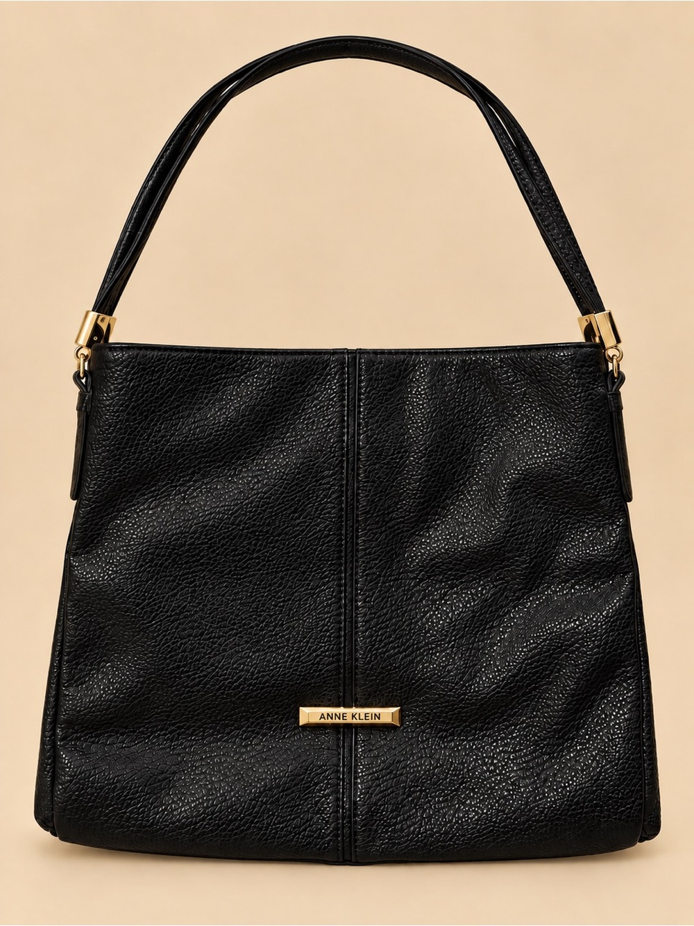 Anne Klein Black Pebbled Leather Shoulder Satchel with Gold Accents